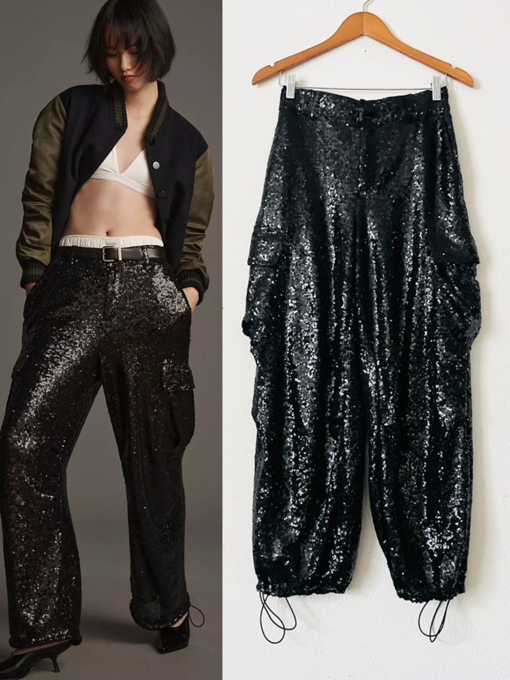 by Anthropologie SIZE 2 high rise black sequin baggy cargo pocketed pants